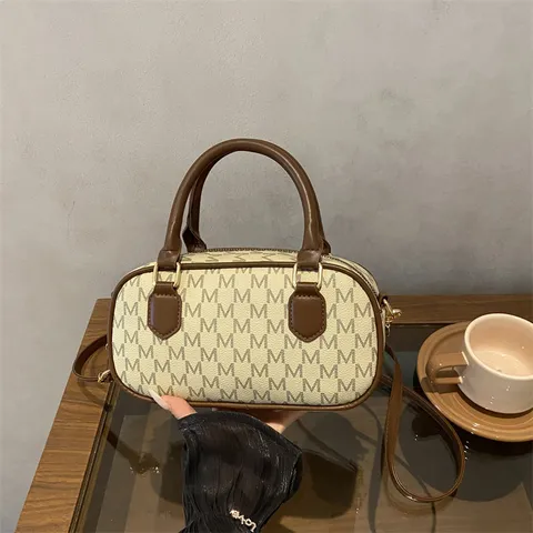 Vintage Monogram Print PU Leather Handbag For Women Premium Niche Design Shoulder Crossbody Bag Small Pillow Shape Daily Square Bag