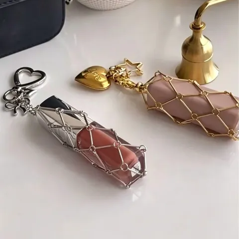 Fashion Metal Mesh Lipstick Holder Case Bag Charm With Heart Star Pendant Zinc Alloy Iron Keychain For Women Daily Accessory