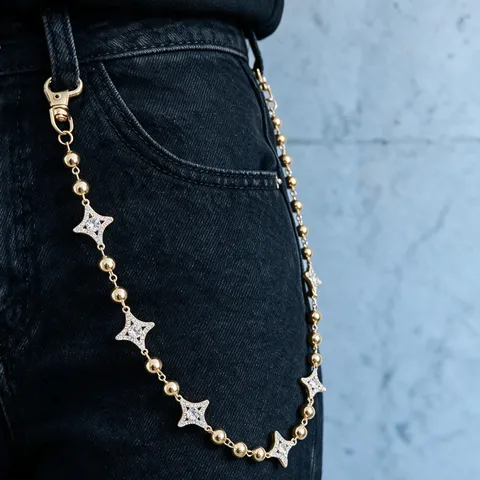 Chaîne de Pantalon Y2K Étoile à Quatre Branches en Strass et Perles Alliage Électroplaqué Streetwear pour Jeans Femme Homme