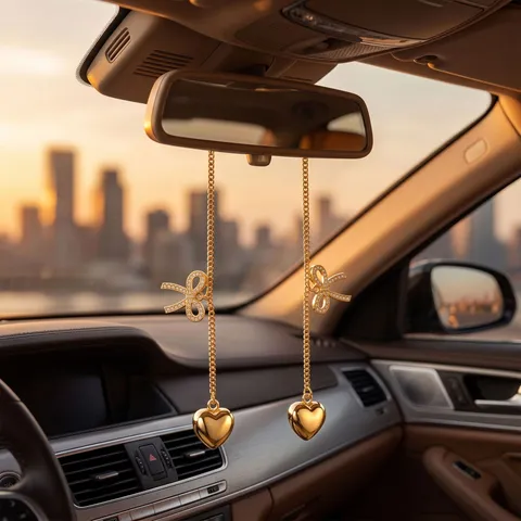 Creative Gold Metal Chain Rhinestone Bowknot Heart Pendant Car Rearview Mirror Hanging Ornament Alloy Interior Decoration