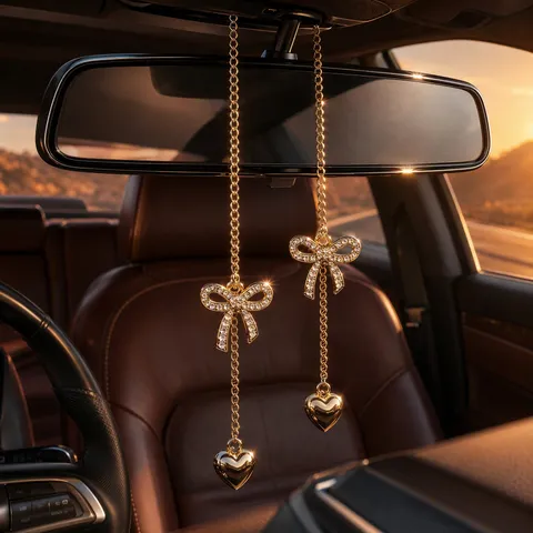 Creative Gold Metal Chain Rhinestone Bowknot Heart Pendant Car Rearview Mirror Hanging Ornament Alloy Interior Decoration