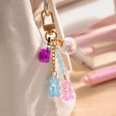 Porte-clés Ours Mignon Simulation Bonbon Arc-en-ciel Pâte Polymère Tasse de Thé au Lait Pendentif Sac Résine Créative Cadeau
