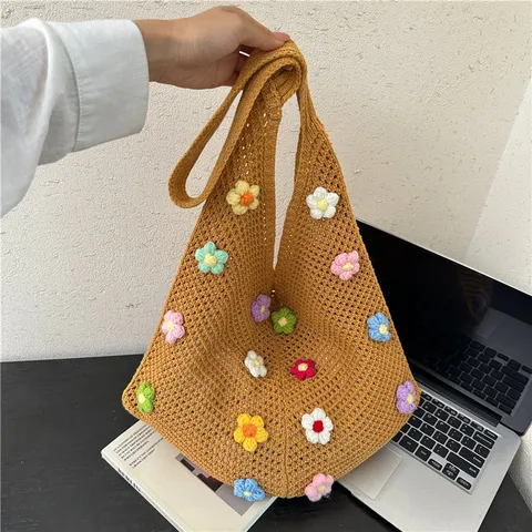Sac Cabas en Paille à Fleurs Tissé à la Main pour Femmes Sac à Épaule en Tricot Ajouré au Crochet Grande Capacité Décontracté Plage Vacances