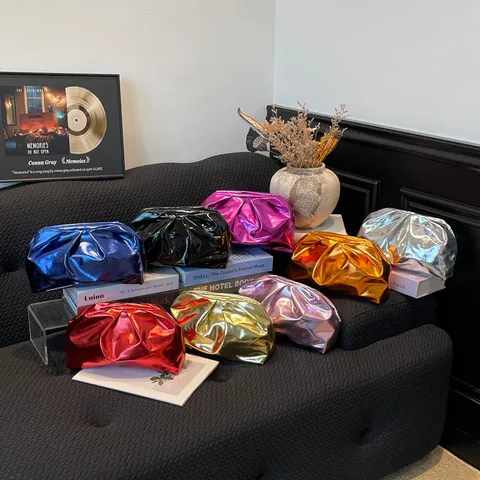 Metallic Plissierte Cloud Bag Mode Damen Ruched Handtasche PU Leder Abendtasche Einfarbig Vielseitige Tasche Für Bankett Und Reisen