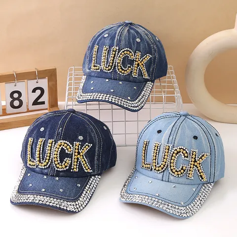 Berretto da Baseball in Denim da Donna con Strass e Perle Artificiali Lettere Stampate Cappello da Sole con Visiera Curva Regolabile