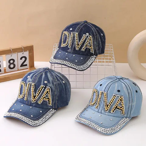 Berretto da Baseball in Denim da Donna con Strass e Perle Artificiali Lettere Stampate Cappello da Sole con Visiera Curva Regolabile