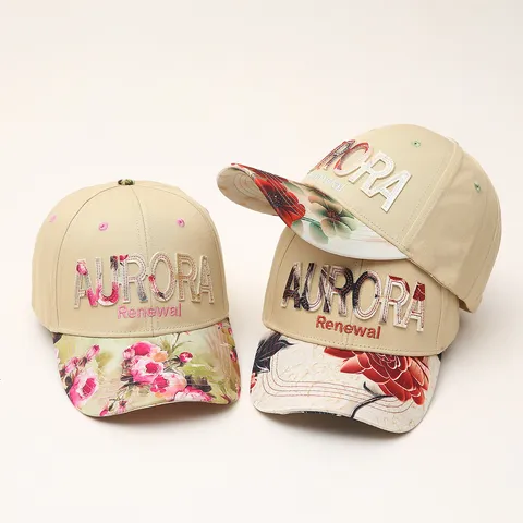 Dames Mode Honkbalpet Acryl Bloemen Patch Letter Geborduurd Harde Top Gebogen Rand Zonbescherming Casual Dad Hoed