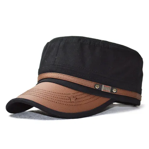Casquette Militaire Vintage pour Hommes en Coton Avec Visière en Cuir PU Broderie Étoile Chapeau Plat Décontracté de Protection Solaire