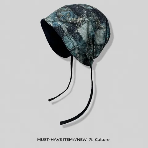 Women's Retro Distressed Wasteland Style Turban Hat Slouchy Beanie Thin Dye Printed Head Scarf Hat With Drawstring Accessory