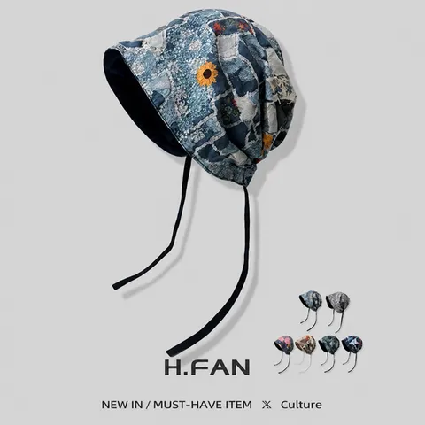 Women's Retro Distressed Wasteland Style Turban Hat Slouchy Beanie Thin Dye Printed Head Scarf Hat With Drawstring Accessory