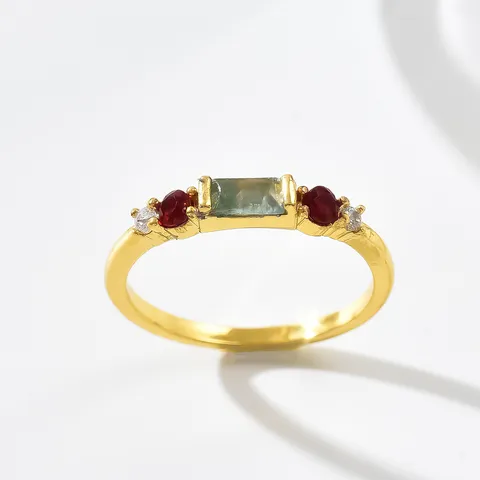 Anello Geometrico Vintage in Rame con Pietra Naturale e Strass Rosso da Donna Gioiello Minimalista alla Moda per Dito