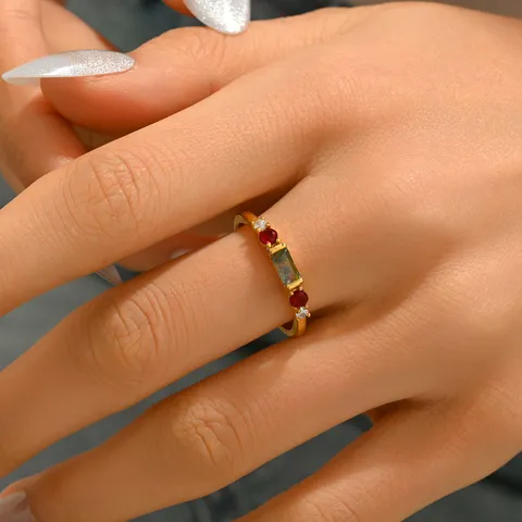 Anello Geometrico Vintage in Rame con Pietra Naturale e Strass Rosso da Donna Gioiello Minimalista alla Moda per Dito