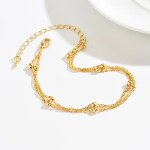 Cavigliera Minimalista a Doppio Strato con Catena di Perle e Corda Placcata in Rame Oro Argento Gioiello da Piede per Donna