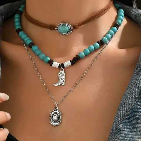 Vintage Retro Cowboy Style Multi-Layer Layered Necklace Turquoise Beaded Korean Velvet Choker Alloy Necklace For Women