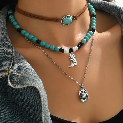 Vintage Retro Cowboy Style Multi-Layer Layered Necklace Turquoise Beaded Korean Velvet Choker Alloy Necklace For Women