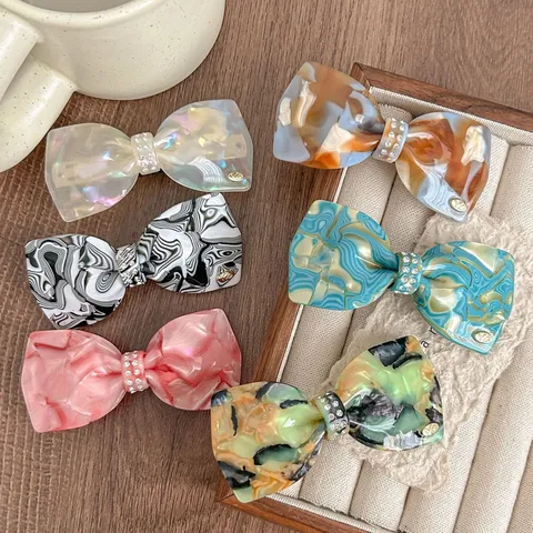 French Retro Acetate Bow Hair Clip Rhinestone Spring Clip Elegant Hair Accessories For Women Daily Hair Styling