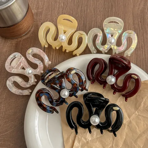 Women Acetate Hair Claw Medium Elegant Pearl Wave Shark Clip Korean Style Hair Accessories Fashion Hair Catch Girl Gift