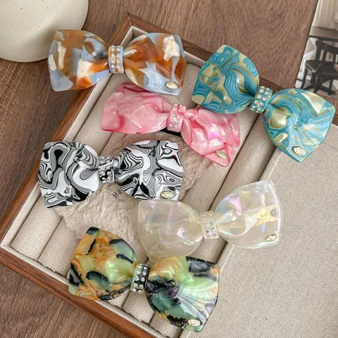 French Retro Acetate Bow Hair Clip Rhinestone Spring Clip Elegant Hair Accessories For Women Daily Hair Styling