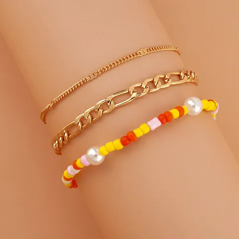 Set di Bracciali Multistrato Catena in Lega Perline Perla Artificiale Regolabile Gioielli alla Moda per Donne