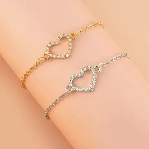 Moda Lega Strass Cuore Catena Braccialetto Coppia Donne Gioielli Oro E Argento Placcato Polso Catena Regalo