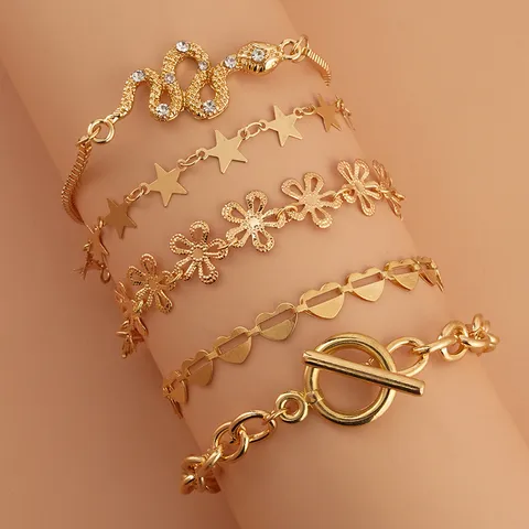 Set di Bracciali a Catena con Cuore Quadrifoglio Stella Serpente Strass Multistrato Oro Argento Oro Rosa Lega Gioielli Moda per Donne