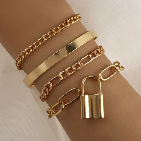 Dames Mode Legering Ketting Armband Set Vintage Meerlaagse Slot Hanger Metalen Armband Sieraden