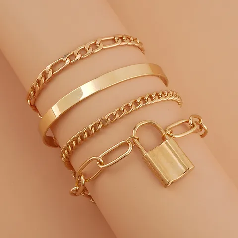 Dames Mode Legering Ketting Armband Set Vintage Meerlaagse Slot Hanger Metalen Armband Sieraden