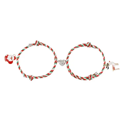 Braccialetti di Coppia Magnetici di Natale in Lega Corda Intrecciata Babbo Natale Alce Pupazzo di Neve Ciondoli Braccialetti Abbinati per Regalo di Festa