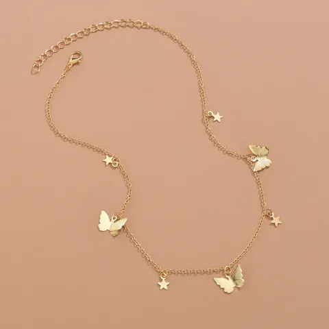 Collana con Ciondolo a Farfalla e Stella in Rame Minimalista Placcata Oro e Argento Gioiello di Moda Catena