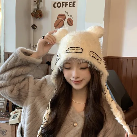 Women Winter Warm Knit Beanie Hat Sweet Cute Bear Ears Braided Long Tassels Thick Fleece Pullover Cap Fashion Headwear
