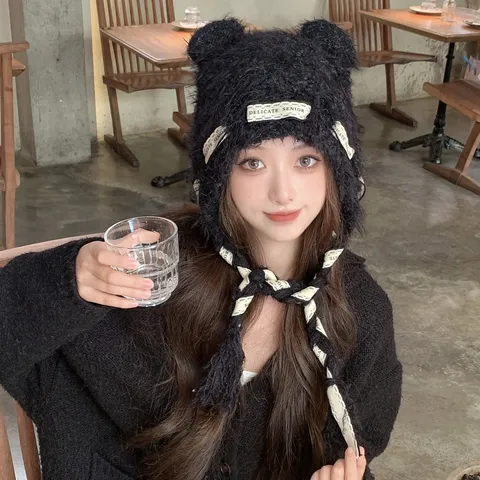 Women Winter Warm Knit Beanie Hat Sweet Cute Bear Ears Braided Long Tassels Thick Fleece Pullover Cap Fashion Headwear