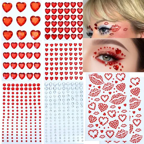 Pegatinas de Joyas Faciales de Diamantes de Imitación Corazón Rojo Labios Rojos Gemas Faciales Autoadhesivas Ojos Cuerpo Joyas de Cristal Para Fiesta Maquillaje