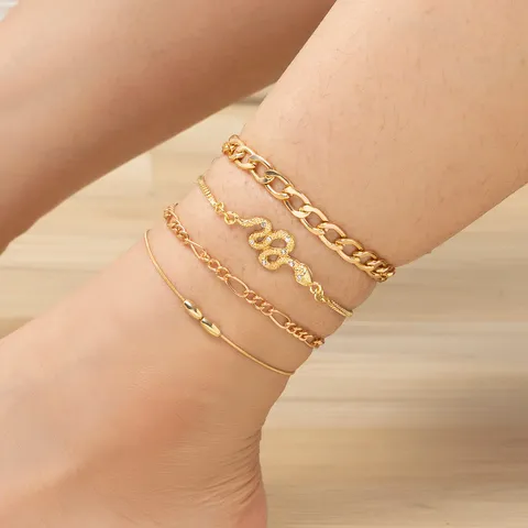 Set di Gioielli Placcati in Oro in Lega con Cavigliera a Serpente Strass e Cuore Multistrato da Donna
