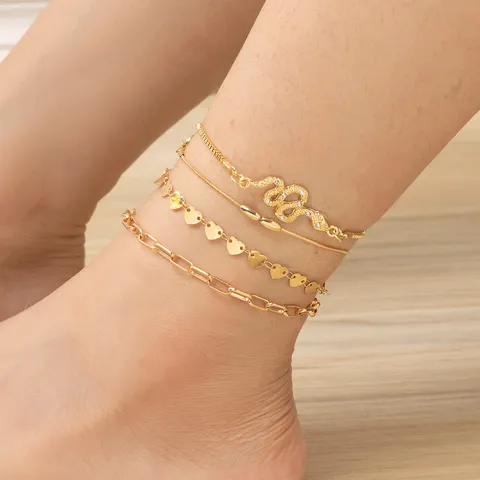 Set di Gioielli Placcati in Oro in Lega con Cavigliera a Serpente Strass e Cuore Multistrato da Donna