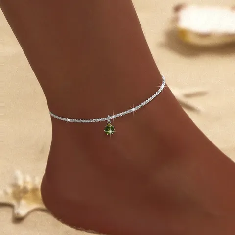 Moda Europea e Americana Cavigliera con Ciondolo in Zircone Verde Lucido Donna Catena da Piede Semplice e Brillante