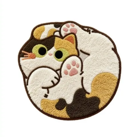 Cute Cartoon Cat Area Rug Faux Cashmere Fluffy Round Floor Mat Soft Carpet For Living Room Bedroom Home Decor