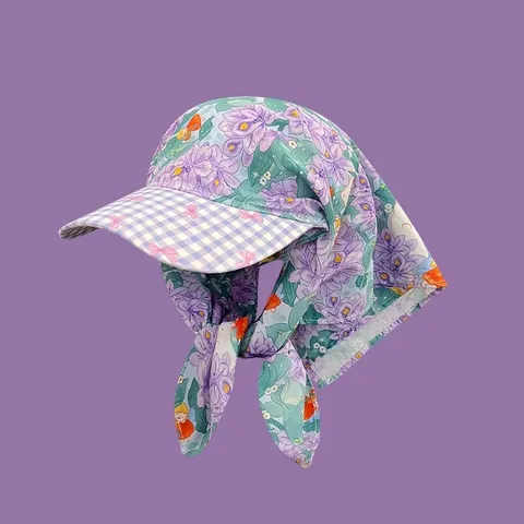 French Retro Monet Garden Floral Print Sun Hat Women Spring Summer Outdoor Travel Beach Vacation Triangular Scarf Hat