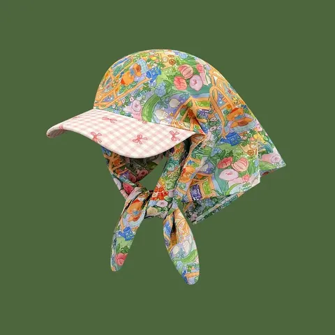French Retro Monet Garden Floral Print Sun Hat Women Spring Summer Outdoor Travel Beach Vacation Triangular Scarf Hat