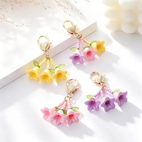 Sweet Heart Bellflower Keychain Alloy Resin Floral Bag Charm Accessories For Women Girls Dopamine Style Gift