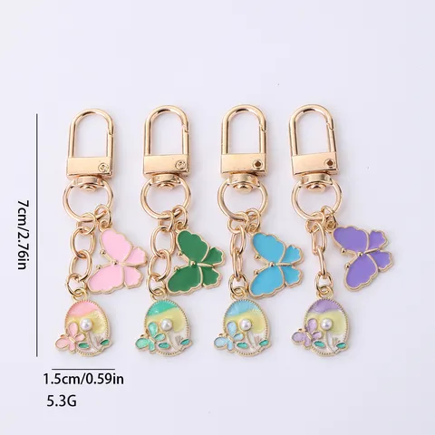 Colorful Butterfly Round Plate Alloy Oil Drop Keychain Cute Pearl Bag Pendant Creative Key Ring Women Accessories Gift