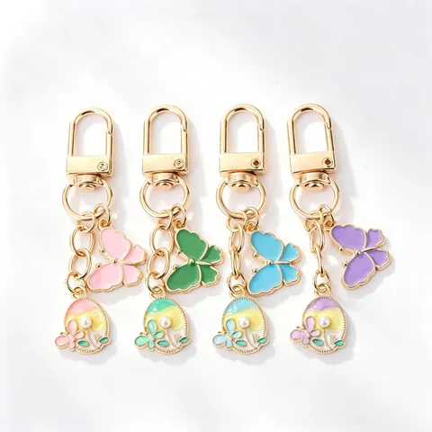 Colorful Butterfly Round Plate Alloy Oil Drop Keychain Cute Pearl Bag Pendant Creative Key Ring Women Accessories Gift