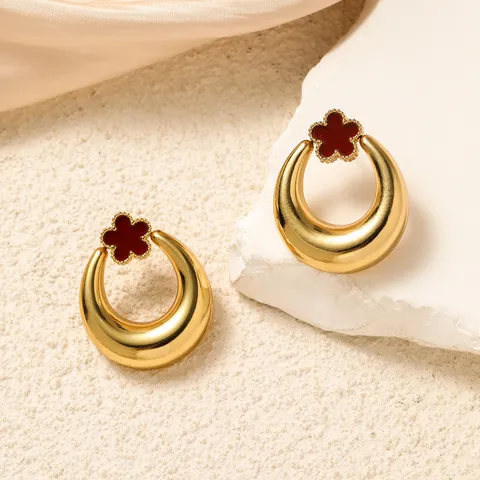 Vintage Stainless Steel Clover Stud Earrings Women Geometric Oval Metal Black Green Enamel Flower Fashion Jewelry Gift
