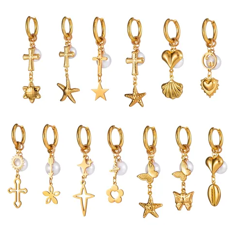Women Fashion Stainless Steel Long Tassel Earrings Gold Plated Cross Star Butterfly Artificial Pearl Dangle Jewelry