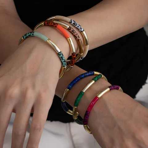 Retro Geometric Leopard Print Bamboo Joint Bracelet Acrylic Metal Colorblock Bangles Fashion Jewelry Gift For Women