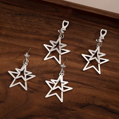 Minimalist Zinc Alloy Hollow Double Layer Star Pendant Earrings With Steel Earring Post Silver Fashion Jewelry For Women
