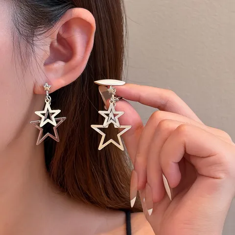 Minimalist Zinc Alloy Hollow Double Layer Star Pendant Earrings With Steel Earring Post Silver Fashion Jewelry For Women