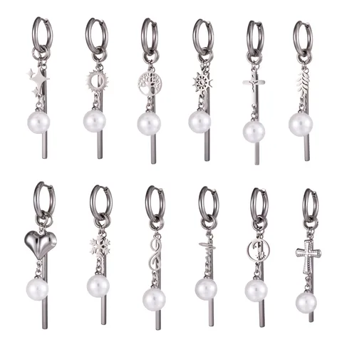 Stainless Steel Artificial Pearl Cross Snowflake Heart Star Sun Moon Leaf Pendant Dangle Earrings Fashion Jewelry For Women