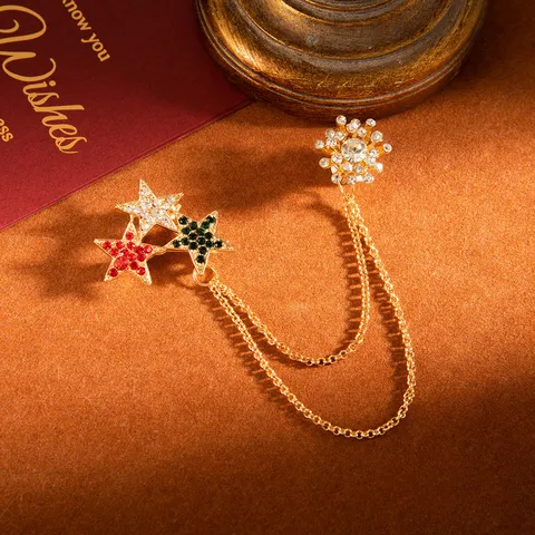 British Vintage Alloy Rhinestone Snowflake Star Chain Brooch Crystal Suit Pin Fashion Jewelry Accessory For Women