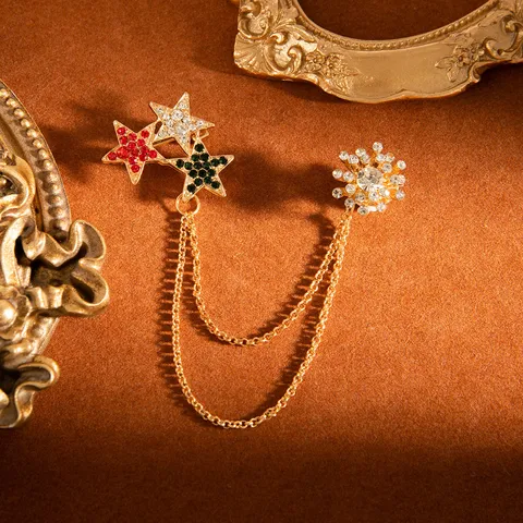 British Vintage Alloy Rhinestone Snowflake Star Chain Brooch Crystal Suit Pin Fashion Jewelry Accessory For Women