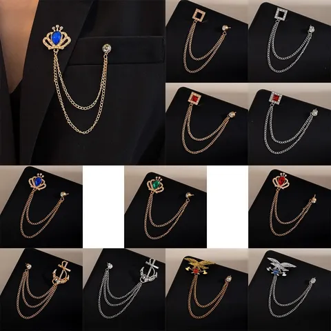 Luxury Zinc Alloy Rhinestone Brooch For Men Women Vintage Crown Eagle Anchor Tassel Chain Lapel Pin For Suit Party Fashion Jewelry